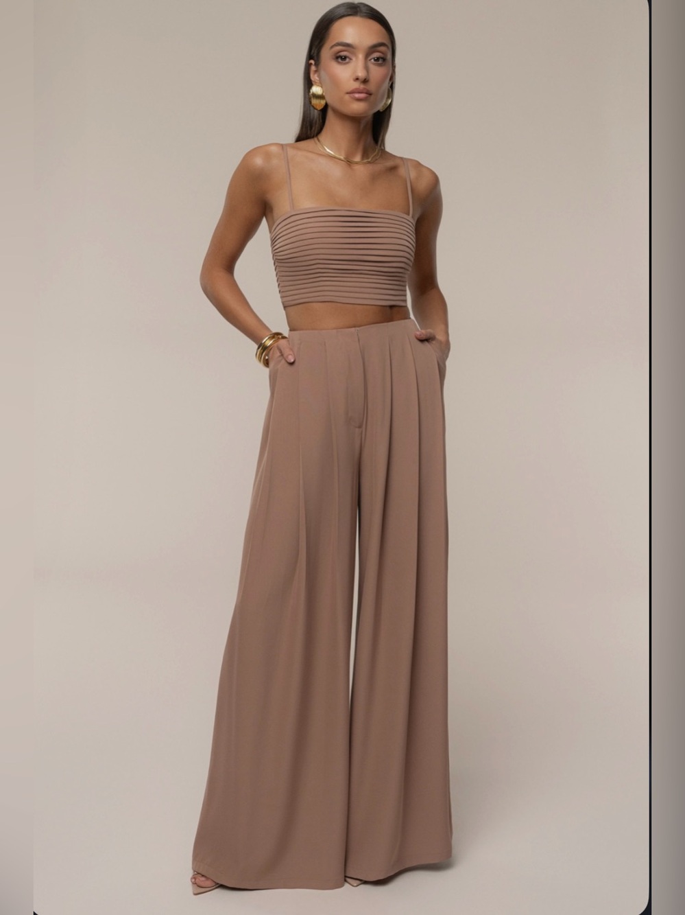 Jluxlabel Beige Serenade Crop Top Wide Leg Pant Set